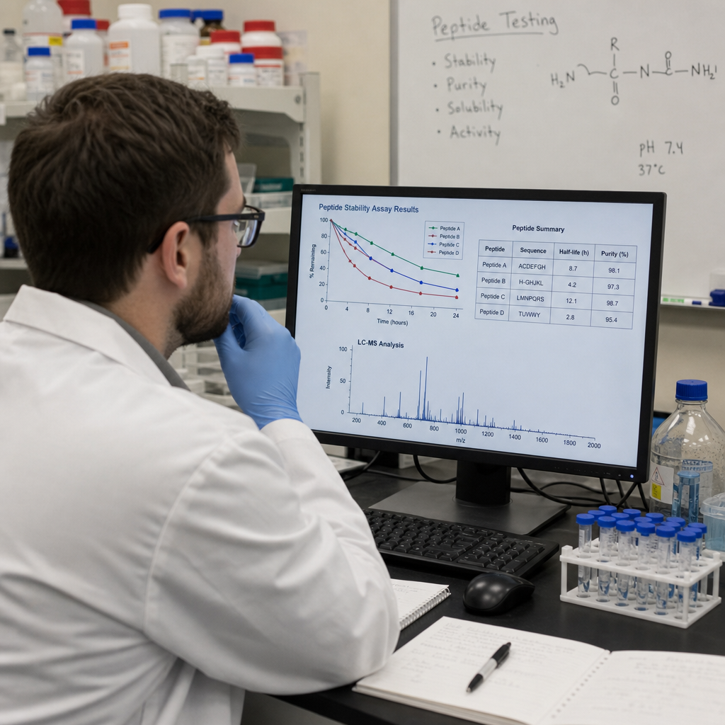 cientista revisando dados de testes de peptídeos em um laboratório
